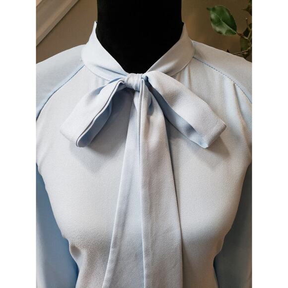 Vintage Acevog Blouse M Light Blue Bow Neck Long Sleeve Button Front Office Top - Picture 3 of 11